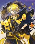  1boy alternate_color black_gloves blonde_hair blue_eyes fang gloves hair_over_one_eye kantarou_(8kan) lion luxray male_focus open_mouth pokemon pokemon_(creature) ponytail shinx shiny_pokemon shishiou shishiou_no_mofumofu smile sparkle touken_ranbu 