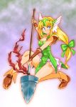  1girl blonde_hair blue_eyes blush boots bow breasts brown_boots cleavage dress forehead_jewel full_body gloves green_bow green_dress hair_bow helmet holding holding_weapon long_hair looking_at_viewer low-tied_long_hair onnaski riesz seiken_densetsu seiken_densetsu_3 solo very_long_hair weapon winged_helmet 
