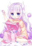  1girl bangs blue_eyes blunt_bangs blush box candy dragon_girl dragon_horns dragon_tail dress eyebrows_visible_through_hair food highres holding horns kan_(rainconan) kanna_kamui kobayashi-san_chi_no_maidragon lavender_hair long_hair looking_at_viewer monster_girl open_mouth ribbon short_dress short_sleeves simple_background sitting solo tail wariza white_background yellow_dress 