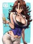  1girl 2017 alcohol amania_orz anniversary bare_shoulders black_panties blush breasts brown_eyes brown_hair champagne champagne_flute cleavage collarbone cup dated drinking_glass groin gundam gundam_00 highleg highleg_panties large_breasts long_hair looking_at_viewer panties pants shiny shiny_hair shiny_skin skindentation smile solo sumeragi_lee_noriega twitter_username underwear vest 