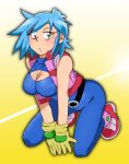  1girl allenby_beardsley ass belt blue_bodysuit blue_hair bodysuit breasts cleavage cleavage_cutout g_gundam gloves green_eyes gundam jewelry kneeling large_breasts looking_at_viewer necklace onnaski open_mouth short_hair solo 