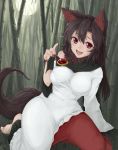  1girl :d absurdres animal_ears bamboo bamboo_forest barefoot body_hair breasts brooch brown_hair curvy dress fang forest frilled_dress frilled_sleeves frills full_moon fur grass hair_between_eyes highres imaizumi_kagerou jewelry kokko361 large_breasts long_hair looking_at_viewer moon nail_polish nature night open_mouth red_eyes red_nails red_skirt sitting skirt smile solo sweat tail toenail_polish touhou wariza white_dress wide_sleeves wolf_ears wolf_tail 