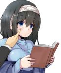  1girl black_hair blue_eyes blue_sweater book breasts cheek_poking commentary_request eyebrows_visible_through_hair hairband idolmaster idolmaster_cinderella_girls jewelry long_hair necklace open_book pendant poking reading ryuu. sagisawa_fumika shawl simple_background sweater turtleneck turtleneck_sweater white_background 