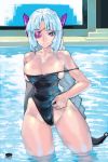  1girl bare_shoulders black_swimsuit braid breasts bursting_breasts character_request cleavage collarbone competition_swimsuit cosmic_break cowboy_shot eyepatch gluteal_fold headgear highres large_breasts long_hair one-piece_swimsuit puribate_(helgoland) shiny shiny_skin silver_hair single_braid skindentation smile solo strap_slip swimsuit thick_thighs thighs very_long_hair violet_eyes wading wet 