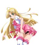  1girl ahoge asia_argento ass black_panties blonde_hair blush cherry_blossoms dress eyebrows_visible_through_hair floating_hair green_eyes high_school_dxd leaning_forward long_hair panties pink_dress solo standing thighhighs transparent_background underwear very_long_hair white_legwear 