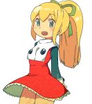  1girl blue_eyes blush dress gorirago hair_ribbon long_hair open_mouth ponytail red_skirt ribbon rockman rockman_(classic) roll skirt smile solo 