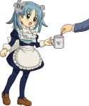  1girl apron blue_eyes blue_hair coin cup hair_ornament highres kasuga39 maid mug open_mouth pantyhose puzzle_piece sign smile solo_focus transparent_background twintails waist_apron wikipe-tan wikipedia 