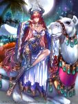  1girl barefoot_sandals beko-atwks breasts camel cape cleavage coconut_tree company_name copyright_name full_body gem grass gyakushuu_no_fantasica horns jewelry long_hair moon necklace night night_sky official_art palm_tree pointy_ears redhead ring sky solo tree violet_eyes 