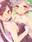  +_+ 2girls aori_(splatoon) back bare_arms bare_shoulders black_hair breasts cleavage collarbone cousins detached_collar domino_mask dress earrings eyebrows_visible_through_hair fang gloves grey_hair hand_holding highres hotaru_(splatoon) interlocked_fingers jewelry looking_at_viewer looking_back mask medium_breasts mole mole_under_eye multicolored_hair multiple_girls object_on_head open_mouth orange_eyes parted_lips pointy_ears shiny shiny_hair shiny_skin shoulder_blades smile splatoon strapless strapless_dress two-tone_hair upper_body white_gloves white_hair 