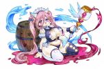  1girl animal_ears barrel black_legwear blue_eyes blush bow breasts cat_ears cat_tail curvy detached_sleeves farinis fullbokko_heroes furry hair_between_eyes hair_bow holding holding_staff large_breasts long_hair mismatched_legwear navel official_art paw_print pink_hair simple_background solo spilling staff tail very_long_hair white_background white_legwear wrist_cuffs 