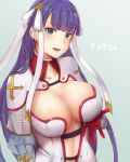  1girl blue_eyes blush breast_lift breasts capelet cleavage fate/grand_order fate_(series) gauntlets gradient gradient_background hair_ribbon large_breasts long_hair looking_at_viewer moshoko_(mizuneroku) open_mouth purple_hair ribbon saint_martha simple_background smile solo 