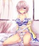  1girl bra breasts cleavage eyebrows_visible_through_hair fate/grand_order fate_(series) fukuda_shuushi glasses highres large_breasts panties plaid purple_hair shielder_(fate/grand_order) short_hair solo strap_slip sunlight underwear violet_eyes window 