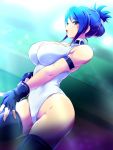  1girl armband black_gloves black_legwear blair_dame blue_hair boots breasts cleavage detached_collar erect_nipples fingerless_gloves folded_ponytail gloves green_eyes highres konpeto large_breasts leotard solo street_fighter street_fighter_ex_(series) thigh-highs thigh_boots 