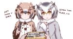  2girls black_hair blonde_hair blush brown_coat brown_eyes brown_hair coat disco_brando english eurasian_eagle_owl_(kemono_friends) grey_coat gun holding holding_gun holding_weapon kemono_friends long_sleeves looking_at_viewer multicolored_hair multiple_girls northern_white-faced_owl_(kemono_friends) open_mouth short_hair weapon white_hair yellow_eyes 