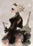 1girl black_hairband black_legwear blindfold breasts cleavage dai_(eiji0417) feather-trimmed_sleeves hairband highres mole mole_under_mouth nier_(series) nier_automata short_hair solo standing sword thigh-highs weapon white_hair yorha_no._2_type_b 