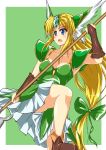  1girl absurdres blonde_hair blue_eyes boots bow breasts brown_boots dress forehead_jewel gloves green_bow green_dress hair_bow helmet highres holding holding_weapon long_hair low-tied_long_hair polearm riesz sangyou_haikibutsu_a seiken_densetsu seiken_densetsu_3 solo spear very_long_hair weapon 