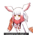  1girl crested_ibis_(kemono_friends) disco_brando english eyebrows_visible_through_hair hand_to_own_mouth highres kemono_friends long_sleeves multicolored_hair neck_ruff simple_background smug twitter_username two-tone_hair whispering white_background white_hair yellow_eyes 