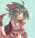  2girls :d ahoge animal_ears blue_background blush dress fang green_eyes green_hair heart_sutra highres kasodani_kyouko long_sleeves multiple_girls mystia_lorelei open_mouth out_of_frame pink_hair red_eyes short_hair smile tail tail_wagging text thick_eyebrows touhou usamata vest 