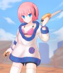  1girl blue_eyes breasts closers looking_at_viewer open_mouth oversized_clothes pink_hair ribbon seulbi_lee short_hair side_ponytail small_breasts smile solo suta_(clusta) 