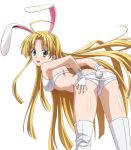  1girl animal_ears asia_argento ass bent_over blonde_hair boots bra breasts bunny_tail butt_crack eyebrows_visible_through_hair fake_animal_ears fingerless_gloves floating_hair gloves green_eyes high_school_dxd long_hair looking_at_viewer medium_breasts open_mouth panties rabbit_ears shiny shiny_skin sideboob solo standing tail thigh-highs thigh_boots transparent_background underwear underwear_only very_long_hair white_boots white_bra white_gloves white_panties 