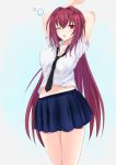  1girl bangs blush breasts covered_navel fate/grand_order fate_(series) hair_between_eyes highres kesoshirou long_hair looking_at_viewer one_eye_closed open_mouth purple_hair red_eyes scathach_(fate/grand_order) school_uniform skirt solo tired yawning 