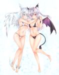  2girls angel angel_and_devil ankle_wings barefoot bikini blue_eyes character_request demon_girl demon_wings frofrofrost head_wings highres multiple_girls phantasy_star phantasy_star_online_2 pointy_ears red_eyes revision silver_hair swimsuit twintails two_side_up white_hair wings 