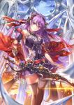  1girl brown_legwear cape highres holding holding_sword holding_weapon indoors looking_at_viewer purple_hair red_cape shente_(sharkpunk) solo standing sword thigh-highs violet_eyes weapon 