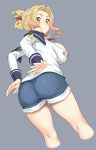  ass bare_shoulders blonde_hair blush breasts brown_eyes folded_ponytail grey_background kono_subarashii_sekai_ni_shukufuku_wo! large_breasts long_hair looking_at_viewer looking_back luna_(konosuba) nora_shinji off_shoulder short_shorts shorts sidelocks simple_background smile solo 