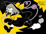  1girl black_boots black_skirt blouse boots constricted_pupils emphasis_lines english hat hat_ribbon heart heart_of_string komeiji_koishi long_sleeves looking_afar open_mouth ribbon running shirt silver_hair skirt solo sparkle third_eye touhou twitter_username wide_sleeves yellow_shirt yt_(wai-tei) 