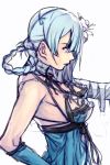  1girl backless_outfit bandage braid elbow_gloves flower gloves hair_flower hair_ornament hairband hankuri image_sample kaine_(nier) lingerie long_hair looking_afar nier nier_(series) panties silver_hair solo twitter_sample underwear white_background 