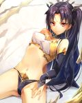  1girl armlet asymmetrical_legwear asymmetrical_sleeves bare_shoulders black_hair bridal_gauntlets collar crown earrings fate/grand_order fate_(series) hair_ribbon hoop_earrings ishtar_(fate/grand_order) jewelry kaigo long_hair looking_at_viewer navel neck_ring red_eyes ribbon single_thighhigh smile solo thigh-highs tohsaka_rin toosaka_rin 