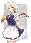  1girl :o apron blue_dress blue_eyes blush braid cowboy_shot cup dated dress drink drinking_glass drinking_straw food frilled_apron frilled_dress frills glass gloves hands_up hits holding holding_glass holding_plate ice ice_cube izayoi_sakuya looking_at_viewer maid maid_apron maid_headdress no_nose open_mouth plate puffy_short_sleeves puffy_sleeves serving short_sleeves silver_hair soda solo tamagogayu1998 thank_you touhou twin_braids waist_apron white_gloves 