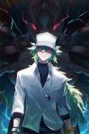  1boy blue_eyes bracelet collared_shirt compression_shirt electricity glowing glowing_eyes green_hair hat highres jewelry long_hair looking_at_viewer male_focus n_(pokemon) necktie pokemon pokemon_(game) pokemon_bw red_eyes shirt spiky_hair theemptytrip upper_body zekrom 