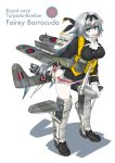  1girl airplane_wing barracuda_(airplane) blue_jacket boots bow dakku_(ogitsune) english eyebrows_visible_through_hair full_body gloves green_eyes grey_hair hair_bow hair_ribbon head_fins jacket leaning_forward life_vest long_hair long_sleeves machinery mecha_musume military_jacket miniskirt original pantyhose ribbon royal_navy skirt torpedo vest yellow_vest 