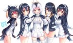  5girls :d black_hair blush emperor_penguin_(kemono_friends) gentoo_penguin_(kemono_friends) hair_over_one_eye headphones hood hooded_jacket humboldt_penguin_(kemono_friends) jacket japari_symbol kemono_friends leotard long_hair looking_at_viewer miniskirt multicolored_hair multiple_girls open_mouth penguins_performance_project_(kemono_friends) pink_hair pleated_skirt red_eyes redhead rockhopper_penguin_(kemono_friends) royal_penguin_(kemono_friends) shiero. skirt smile standing thigh-highs very_long_hair white_background white_hair white_skirt yellow_eyes zettai_ryouiki 
