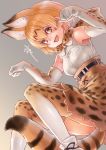  1girl :d animal_ears blonde_hair blush bow bowtie elbow_gloves gloves grey_background highres kemono_friends kosai_takayuki looking_at_viewer open_mouth paw_pose serval_(kemono_friends) serval_ears serval_print serval_tail short_hair skirt sleeveless smile solo tail 