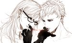  2boys adam_(nier_automata) cigarette eve_(nier_automata) eyelashes glasses gloves highres long_hair male_focus monochrome multiple_boys nier_(series) nier_automata short_hair siblings sketch smoking white_background white_hair 