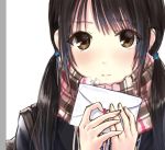  1girl black_hair blush brown_eyes face kazuharu_kina letter looking_at_viewer love_letter low_twintails original plaid plaid_scarf portrait scarf solo twintails 