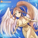  1girl aa_megami-sama artist_name belldandy blue_eyes blush breasts brown_hair cleavage commentary facial_mark lumineko patreon_logo ponytail wings 