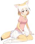  1girl :3 animal_ears black_hair blonde_hair blush bow brown_eyes commentary_request fennec_(kemono_friends) fox_ears fox_tail kemono_friends looking_at_viewer multicolored_hair pleated_skirt shirt shoes short_hair short_sleeves simple_background sitting skirt smile solo sweater tail thigh-highs white_background white_skirt yokozuwari yuukagen_(poipoipopoino) 