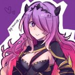  1girl armor breasts camilla_(fire_emblem_if) chibi demon_horns fire_emblem fire_emblem_if hair_ornament hair_over_one_eye highres horns large_breasts long_hair looking_at_viewer purple_hair smile violet_eyes 