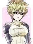  1girl black_sclera blonde_hair breasts cyborg earrings genderswap genderswap_(mtf) genos jewelry large_breasts matsurika_(pixiv22855218) one-punch_man ribbed_sweater robot_joints short_hair sleeveless sleeveless_turtleneck solo stud_earrings sweater turtleneck yellow_eyes 