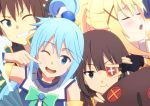  1boy 3girls :t ;) aqua_(konosuba) blonde_hair blue_hair blush breath brown_eyes brown_hair cheek_poking clenched_teeth darkness_(konosuba) eyepatch face fingerless_gloves gloves hair_ornament hair_rings hat hat_removed headwear_removed hoshi_kasoke kono_subarashii_sekai_ni_shukufuku_wo! long_hair looking_at_viewer megumin multiple_girls one_eye_closed open_mouth poking puffy_cheeks revision satou_kazuma short_hair smile sweatdrop teeth v_over_eye x_hair_ornament 