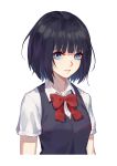  1girl absurdres black_hair blue_eyes bow daye_bie_qia_lian highres kuzu_no_honkai looking_at_viewer parted_lips school_uniform short_hair simple_background solo upper_body yasuraoka_hanabi 