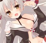  1girl amatsukaze_(kantai_collection) bare_shoulders blush breasts choker collarbone dress fang gloves grey_hair hair_tubes kantai_collection long_hair looking_at_viewer miko_92 navel open_clothes open_dress open_mouth sailor_dress shirt_pull single_glove small_breasts solo upper_body white_gloves yellow_eyes 