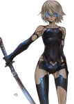  1girl android armlet blue_eyes breasts collarbone elbow_gloves eyelashes gloves glowing glowing_eyes highres holding holding_sword holding_weapon katana mole mole_under_mouth nier_(series) nier_automata patterned_clothing short_hair short_shorts shorts solo standing sword tank_top text thighs tombsakura weapon white_background white_hair yorha_type_a_no._2 