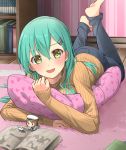 1girl :d alternate_costume barefoot blush casual cat denim error_musume feet_up green_eyes green_hair hair_ornament hairclip hat highres kantai_collection long_hair looking_at_viewer lying manga_(object) max_melon_teitoku minigirl on_stomach open_mouth pants pillow pillow_hug revision ribbed_sweater sailor_hat sleeves_past_wrists smile solo suzuya_(kantai_collection) sweater turtleneck 