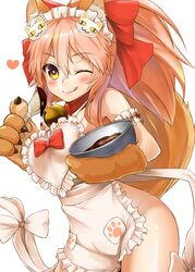  1girl ;q animal_ears apron ass bell bell_collar blush breasts chocolate collar fate/grand_order fate_(series) food fox_ears fox_tail hair_ribbon heart highres large_breasts long_hair looking_at_viewer maid_headdress mixing_bowl naked_apron one_eye_closed paws pink_hair ribbon shiron_(e1na1e2lu2ne3ru3) simple_background smile solo tail tamamo_(fate)_(all) tamamo_cat_(fate) tongue tongue_out white_background yellow_eyes 