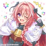  1boy ;d blush braid cape fang fate/apocrypha fate/grand_order fate_(series) hair_ribbon ittokyu long_hair looking_at_viewer lowres male_focus one_eye_closed open_mouth pink_hair pointing pointing_at_self ribbon rider_of_black single_braid smile solo star trap violet_eyes 