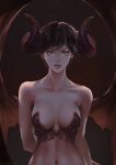  1girl arm_behind_back bare_shoulders black_hair breasts bustier caesty collarbone demon_girl demon_horns demon_wings eyelashes green_eyes horns lips looking_at_viewer medium_breasts navel original parted_lips short_hair solo upper_body wings 